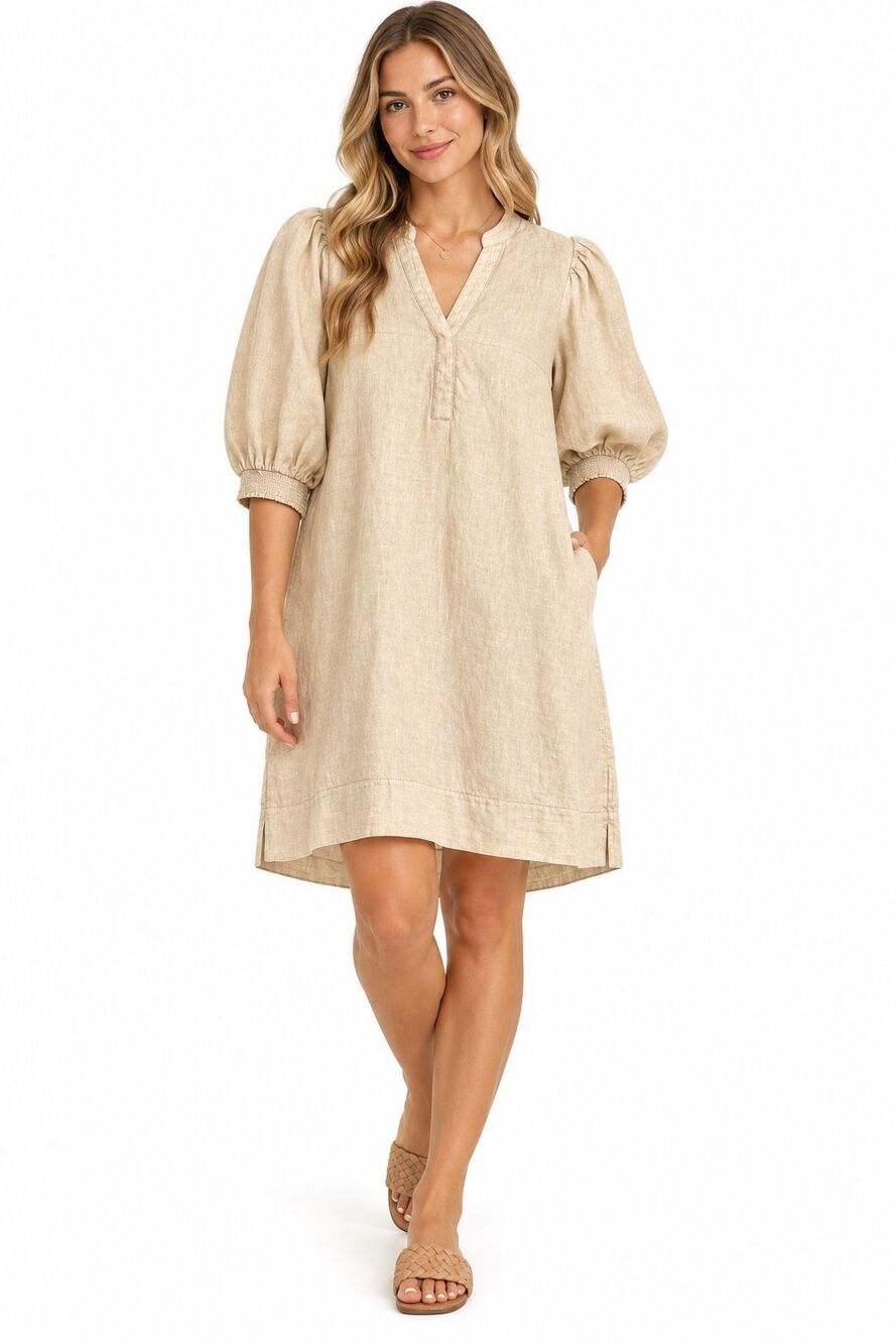 Lilly Pulitzer Mialeigh Beige Linen Puff Sleeve Shift Dress Size 2